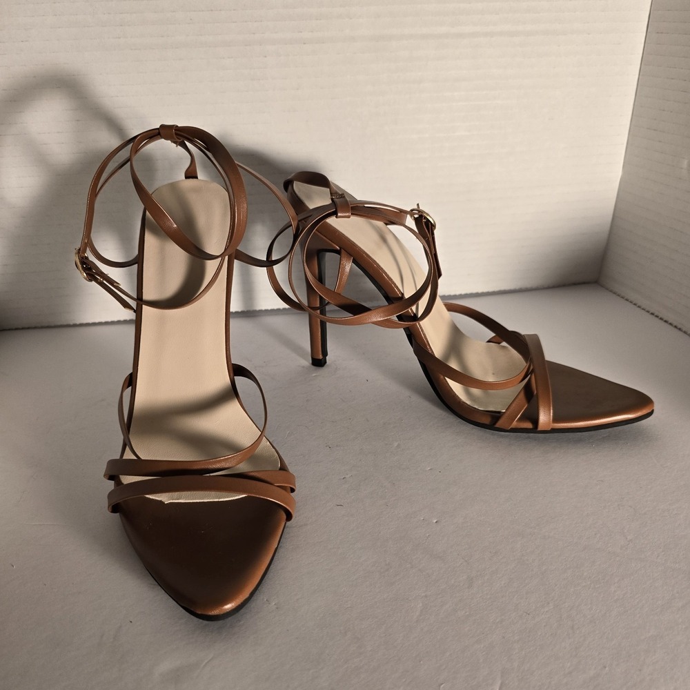 Tan Brown Multi Strap Ankle Wrap Stiletto Heels Pointed Toe Sandals Womens Sz 7